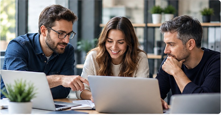 Tres profesionales colaborando en equipo con ordenadores